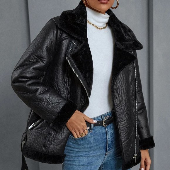 Contemporary Teddy Panel Faux leatherZip Up Moto Jacket Black - Picture 4 of 5